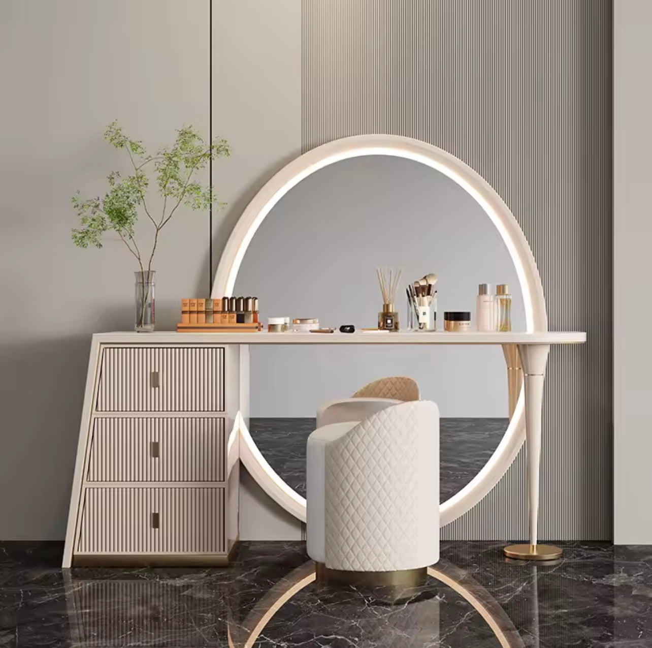 Solid Wood LED Vanity Table Set with HD Mirror & Storage Drawers
