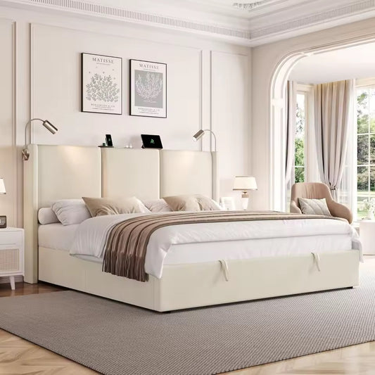 Full Size Storage Bed with Charging Station & Adjustable Headboard
