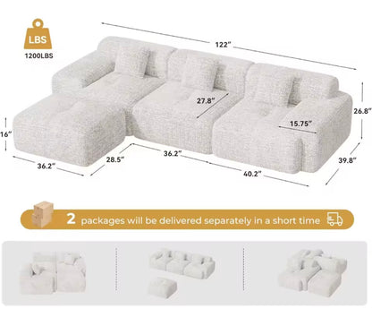 122” L-Shaped Modular Sectional Sofa with Ottoman, 4 Seater Sofa