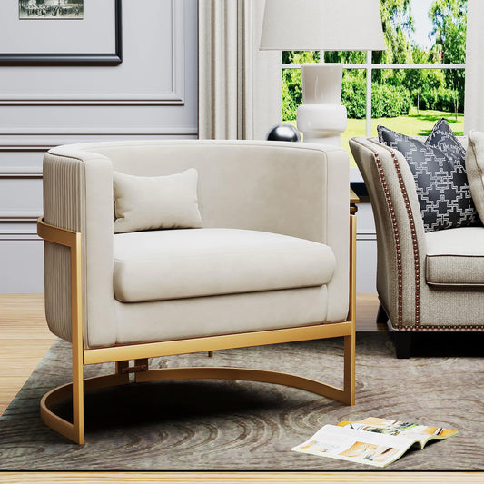 Ivory Velvet Barrel Accent Chair with Gold Legs
