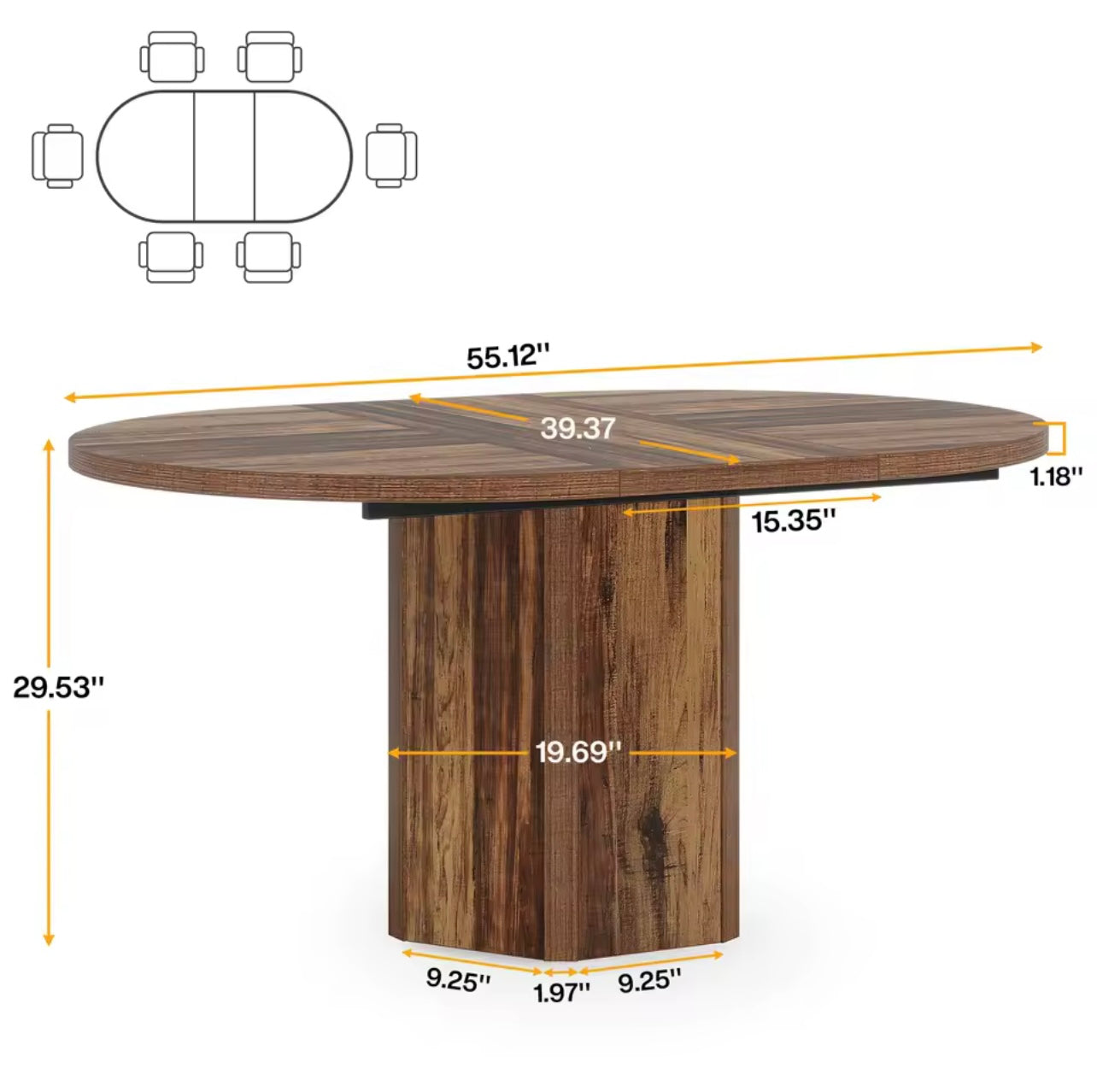 Rustic Wood Curved Dining Table with Polygon Base, Seats 6