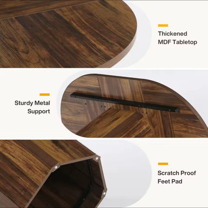 Rustic Wood Curved Dining Table with Polygon Base, Seats 6