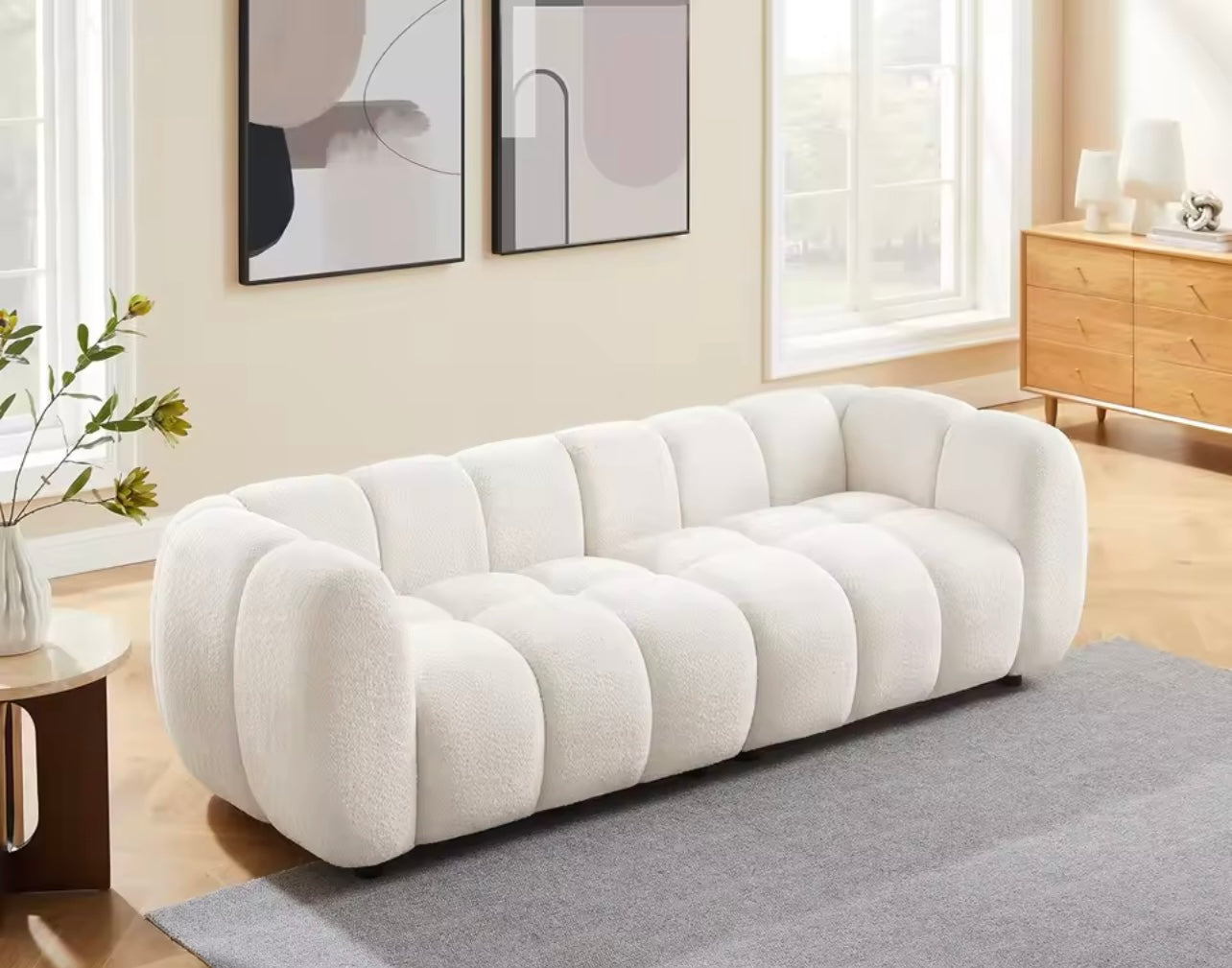 Burnt Orange Boucle Sofa, Tufted Cloud Couch, Deep Seat 3-Seater