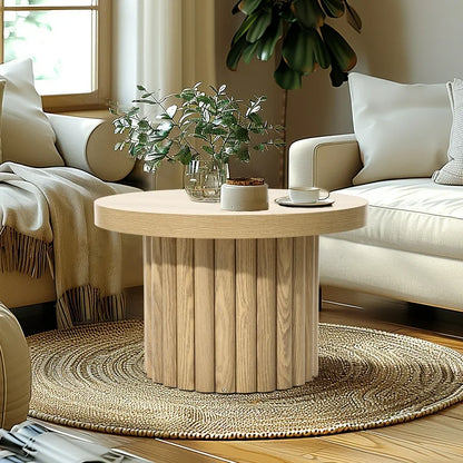 23.6" Oak Round Wood Side Table – Fluted Coffee Table