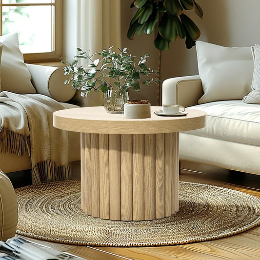 23.6" Fluted Round Wood Side Table – Oak Finish