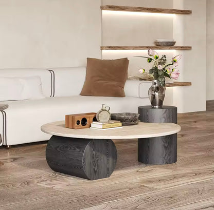 Solid Wood & Travertine Rounded Coffee Table