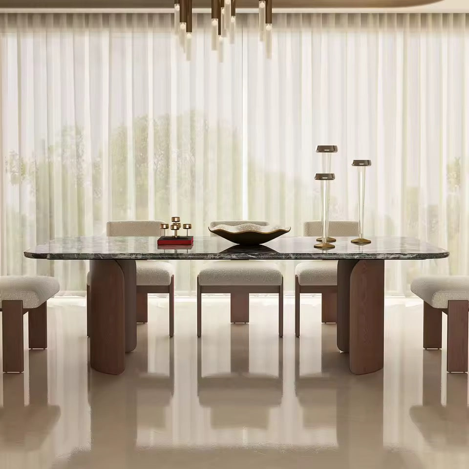 Mid-Century Travertine & Walnut Dining Table, Curved Stone Detail