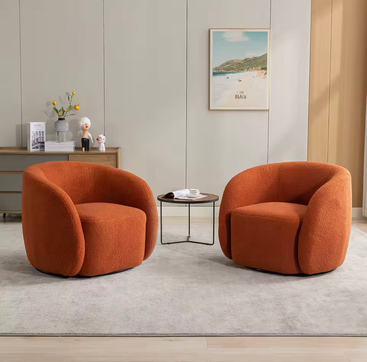 Set of 2, 360 Degree Swivel Accent Chairs, Lambswool Barrel Side Chairs
