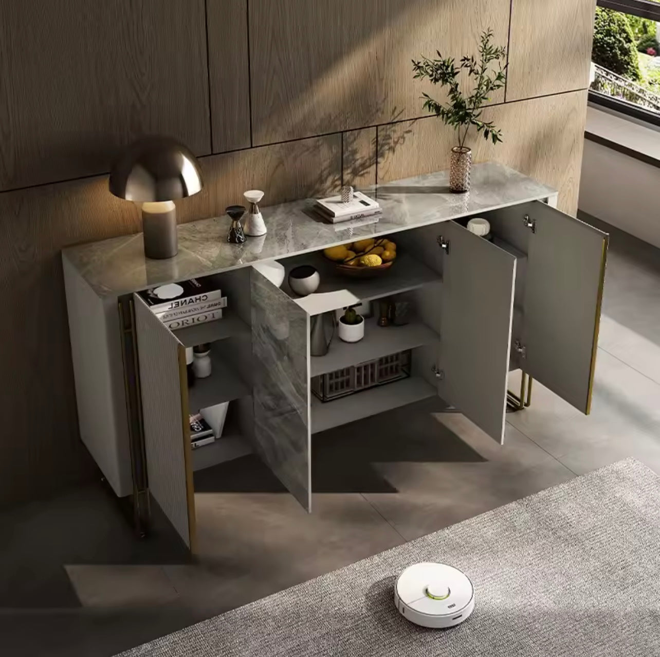 Grey Arc-Edge Sideboard with Slate Door Panels