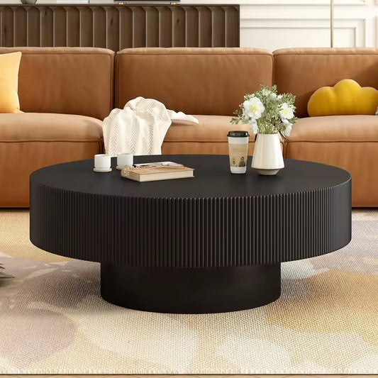 Modern Round Coffee Table, 31.5” Wood Center Table, Black