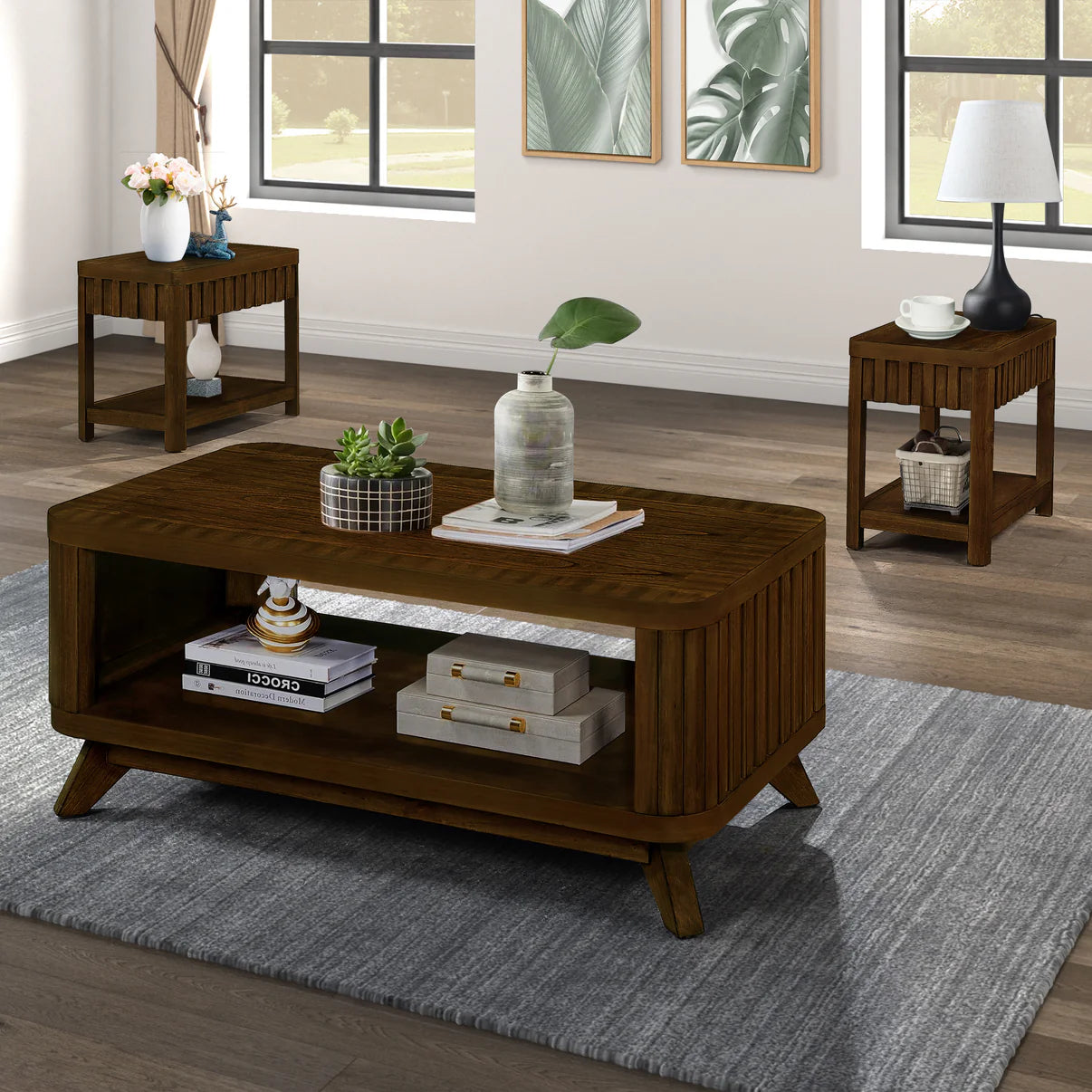 Walnut Rectangular Wooden Coffee Table with Storage