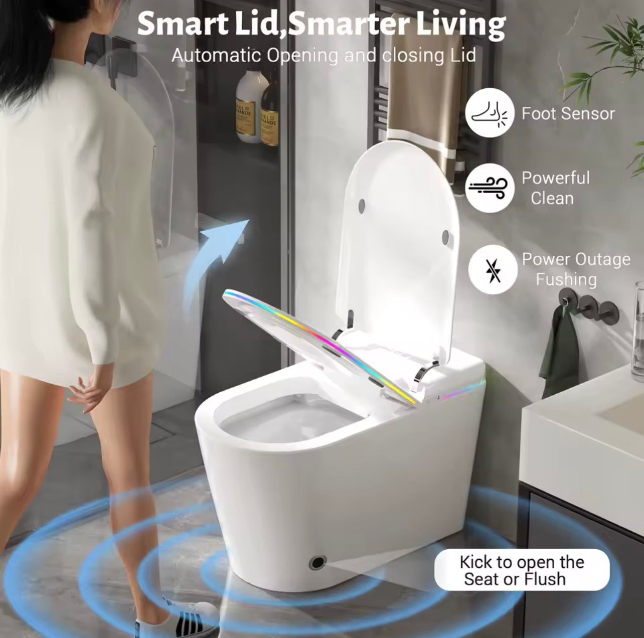 LED Smart Bidet Toilet, Heated Seat, Auto Lid, Warm Air Dryer, Adjustable Wash, Self-Cleaning Nozzle