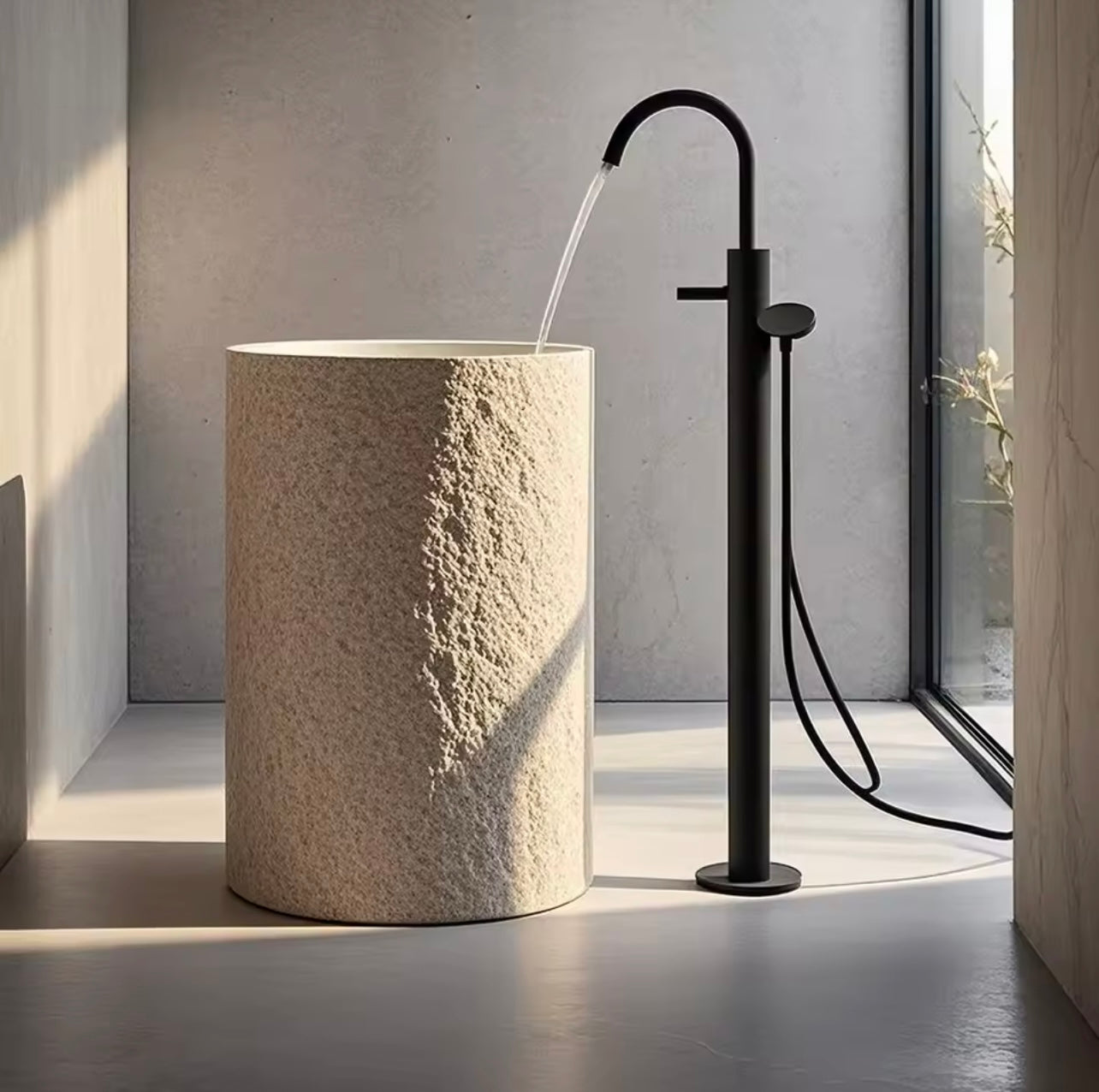 Beige Marble Pedestal Sink, Hand-carved Freestanding Basin