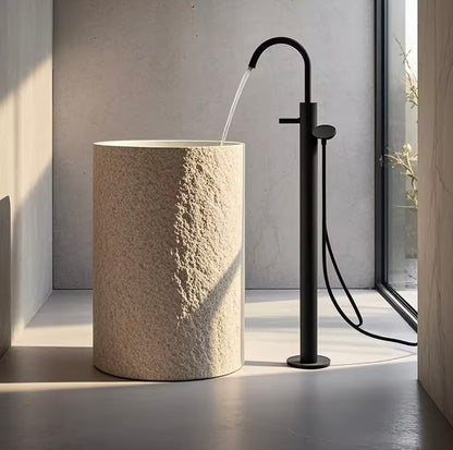 Beige Marble Pedestal Sink, Hand-carved Freestanding Basin