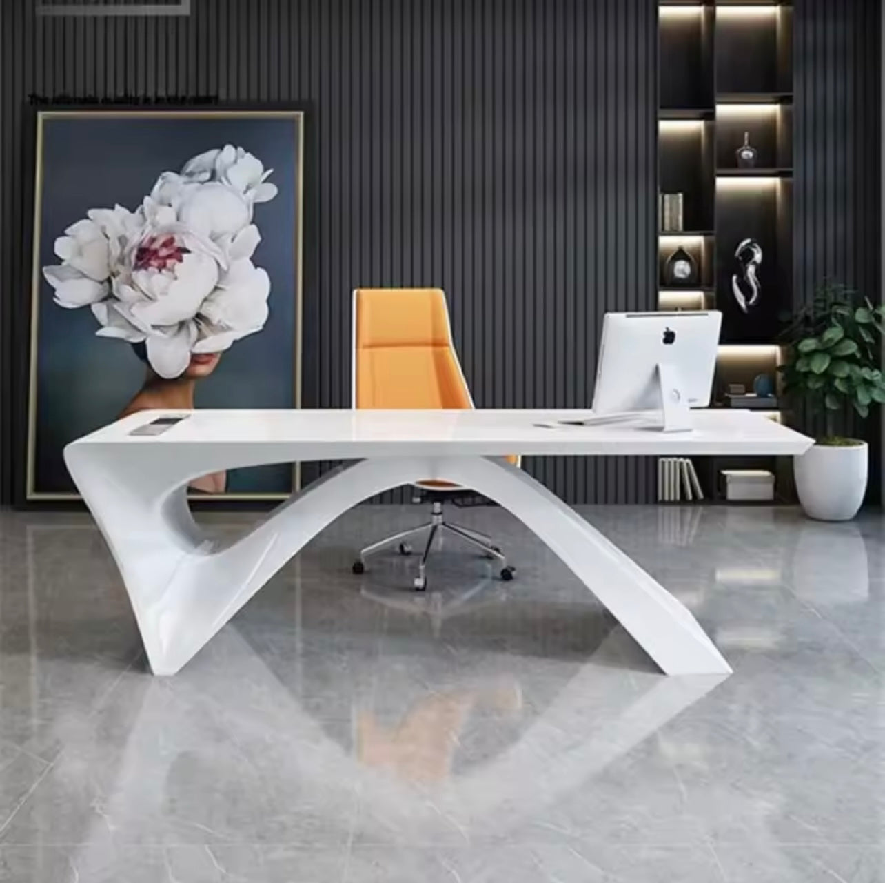 High-Gloss Luxury Executive Office Desk, Reversible Design, White