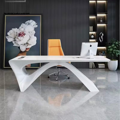 High-Gloss Luxury Executive Office Desk, Reversible Design, White
