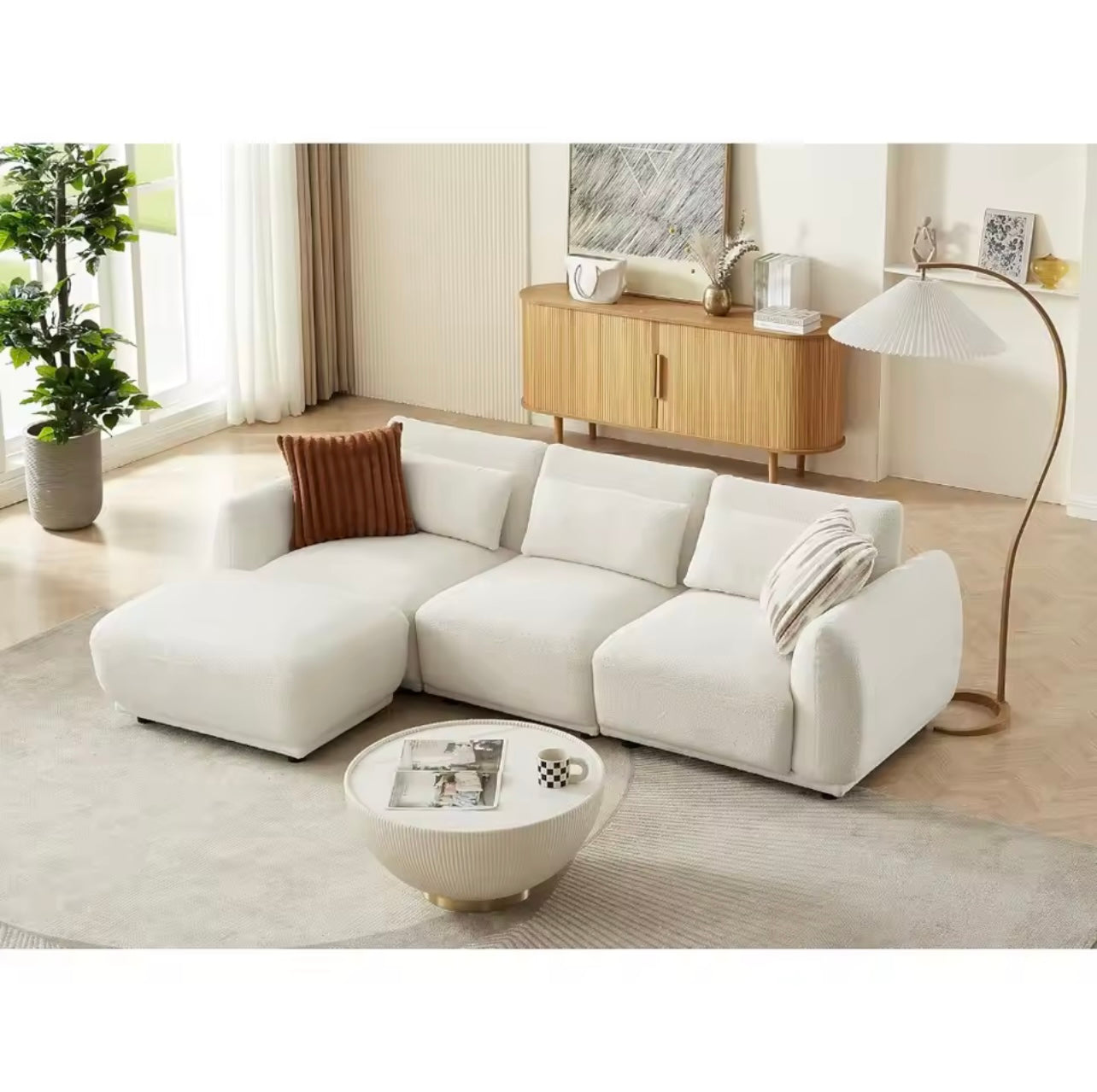 Convertible  L-Shaped Sectional Sofa with Removable Ottoman, White