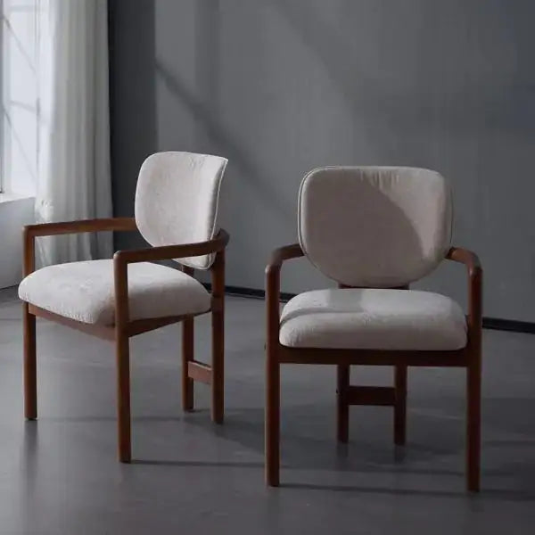 Set of 2 Beige Upholstered Dining Chairs, Wood Accent Armchairs