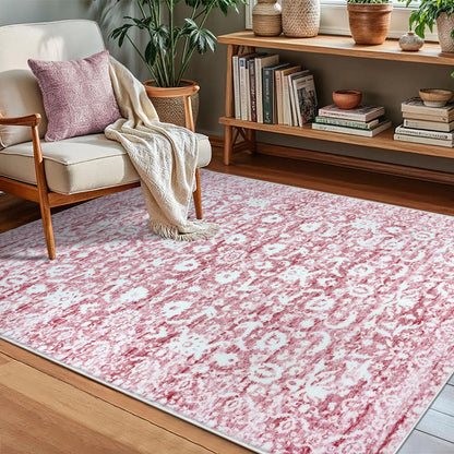 Vintage Rug - Pink Rug for Baby Nursery - Washable Floral Rug