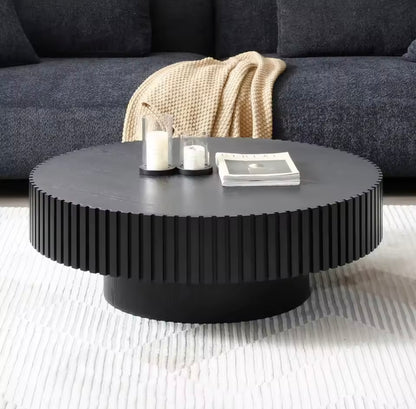 Round Wood Coffee Table, Mid Century Fluted Drum Edge Table