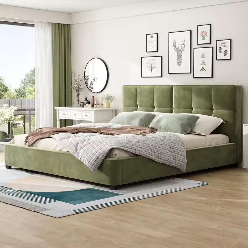 Olive Green King Size Velvet Platform Bed with Tufted Curved Headboard