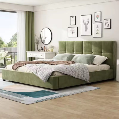 Olive Green King Size Velvet Platform Bed with Tufted Curved Headboard