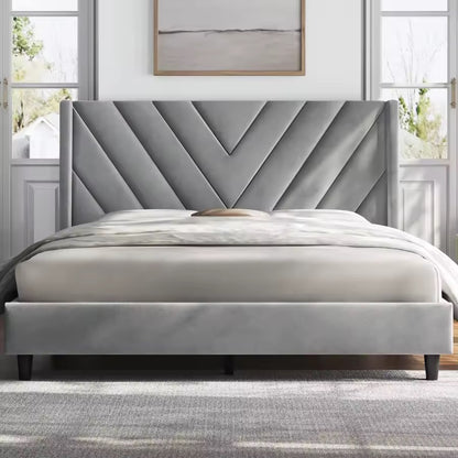 Queen Upholstered Velvet Platform Bed with Wingback Headboard