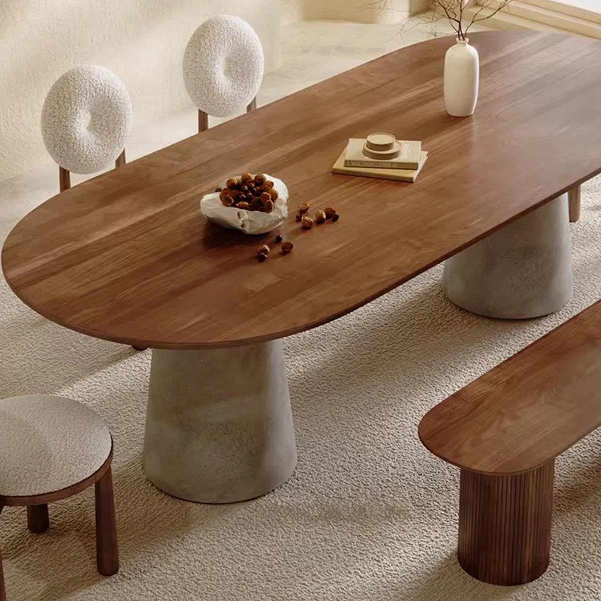 Multi-Purpose Solid Wood Oval Dining Table with Cement Iron Base