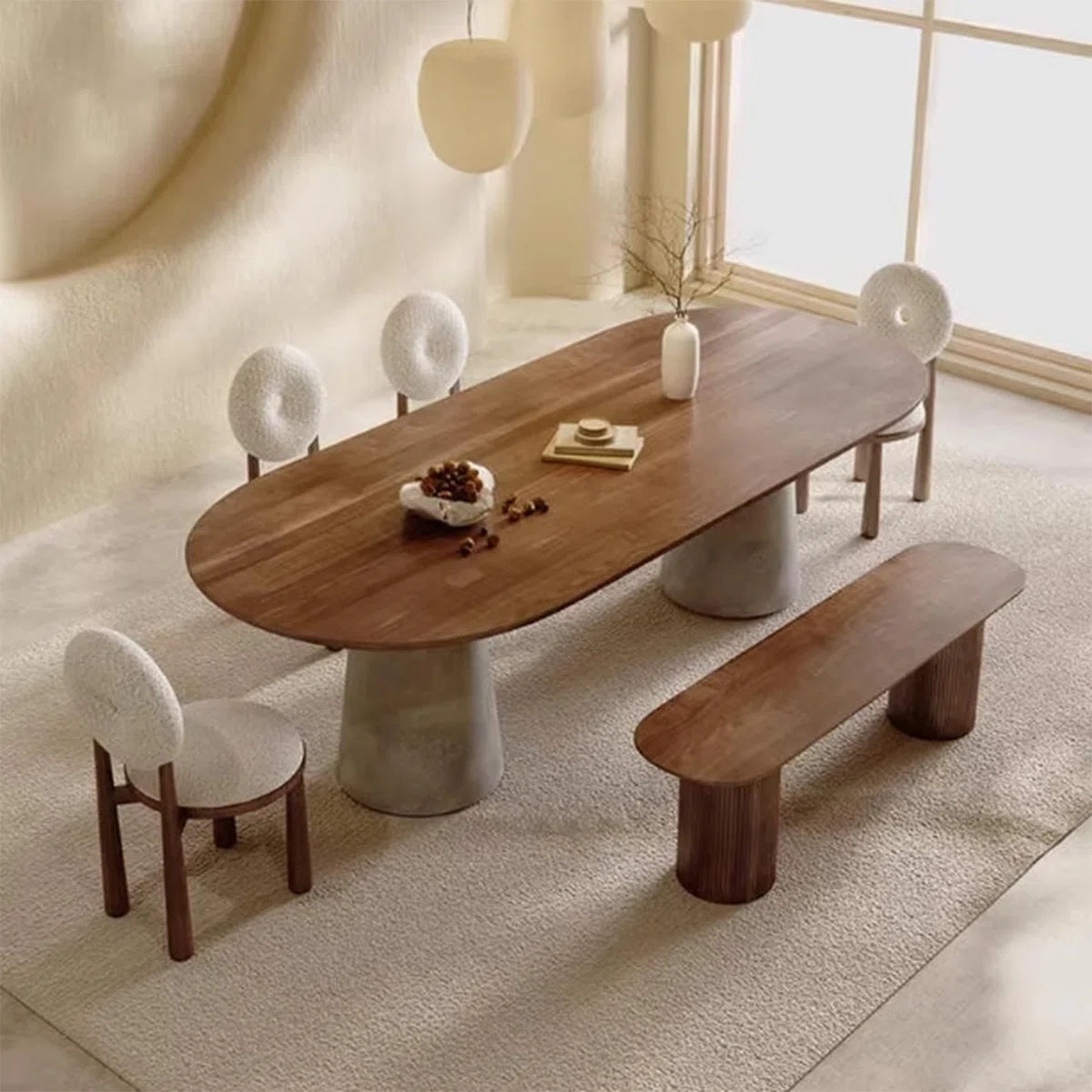 Multi-Purpose Solid Wood Oval Dining Table with Cement Iron Base