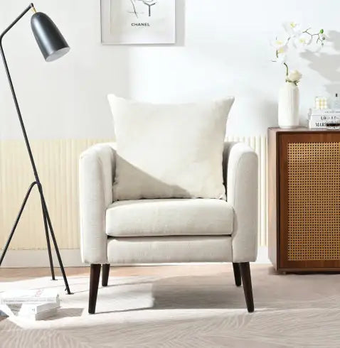 Beige Upholstered Accent Chair with Solid Wood Legs and Lumbar Pillow