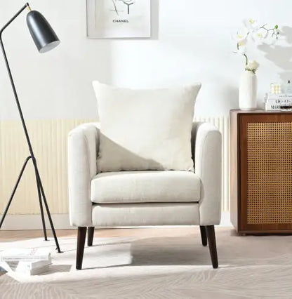 Beige Upholstered Accent Chair with Solid Wood Legs and Lumbar Pillow