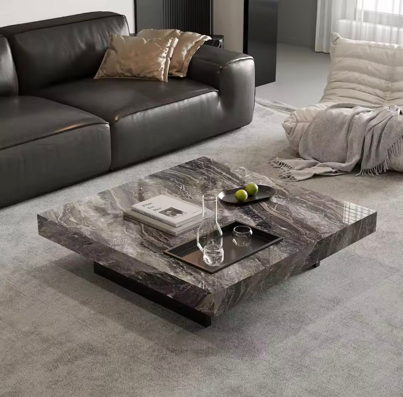 42” Square Marble Coffee Table with Gold Stainless Steel Base, White