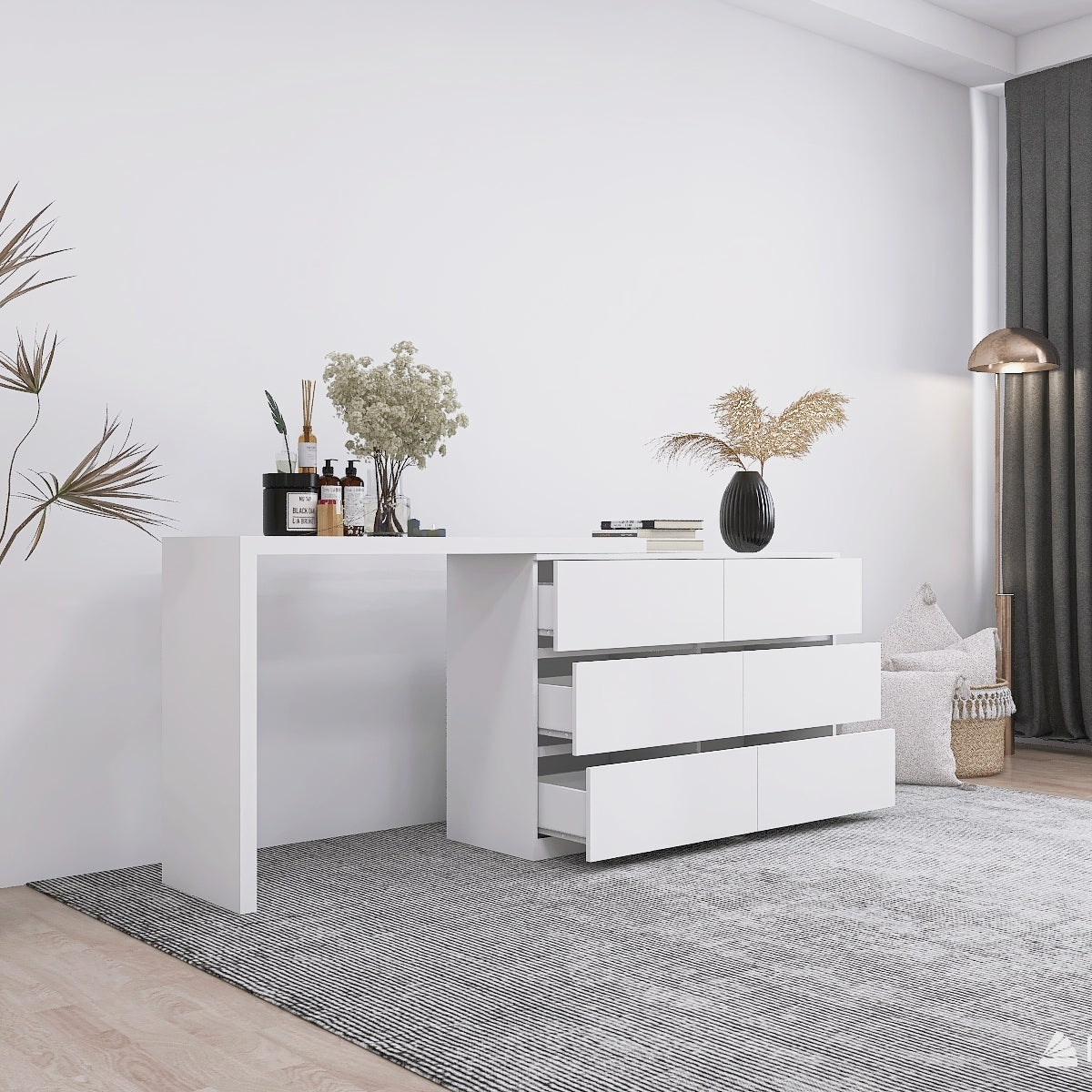 White 6-Drawer Dressing Table with Extended Top