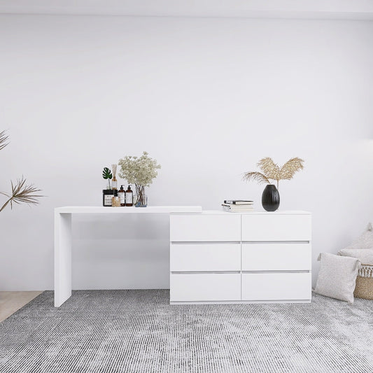 White 6-Drawer Dressing Table with Extended Top