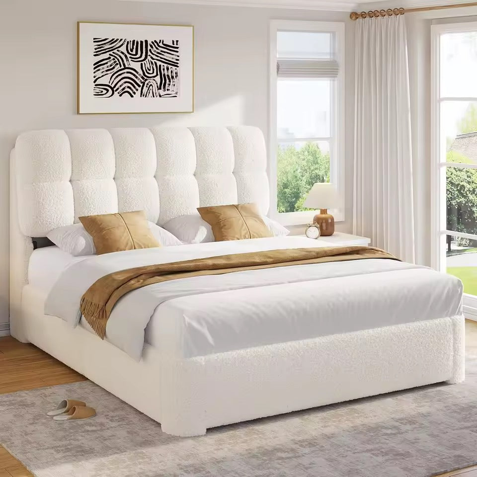 Boucle Upholstered Cloud Bed Frame,  Cream Queen Size Tufted Bed