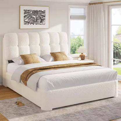 Boucle Upholstered Cloud Bed Frame,  Cream Queen Size Tufted Bed