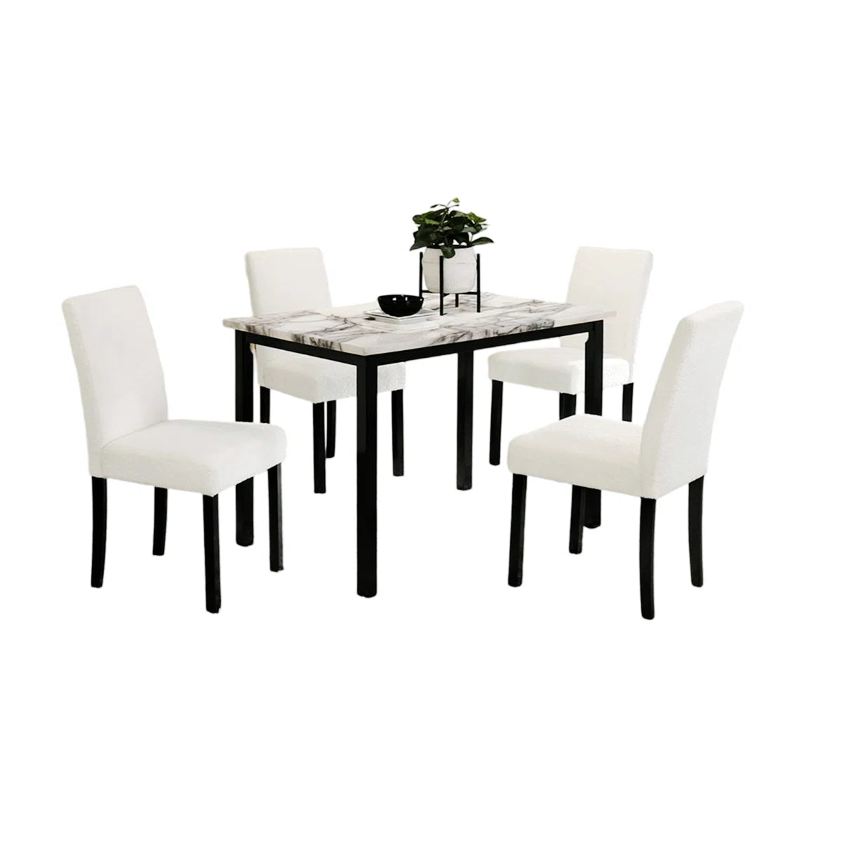 5 Piece White Faux Marble Dining Table Set