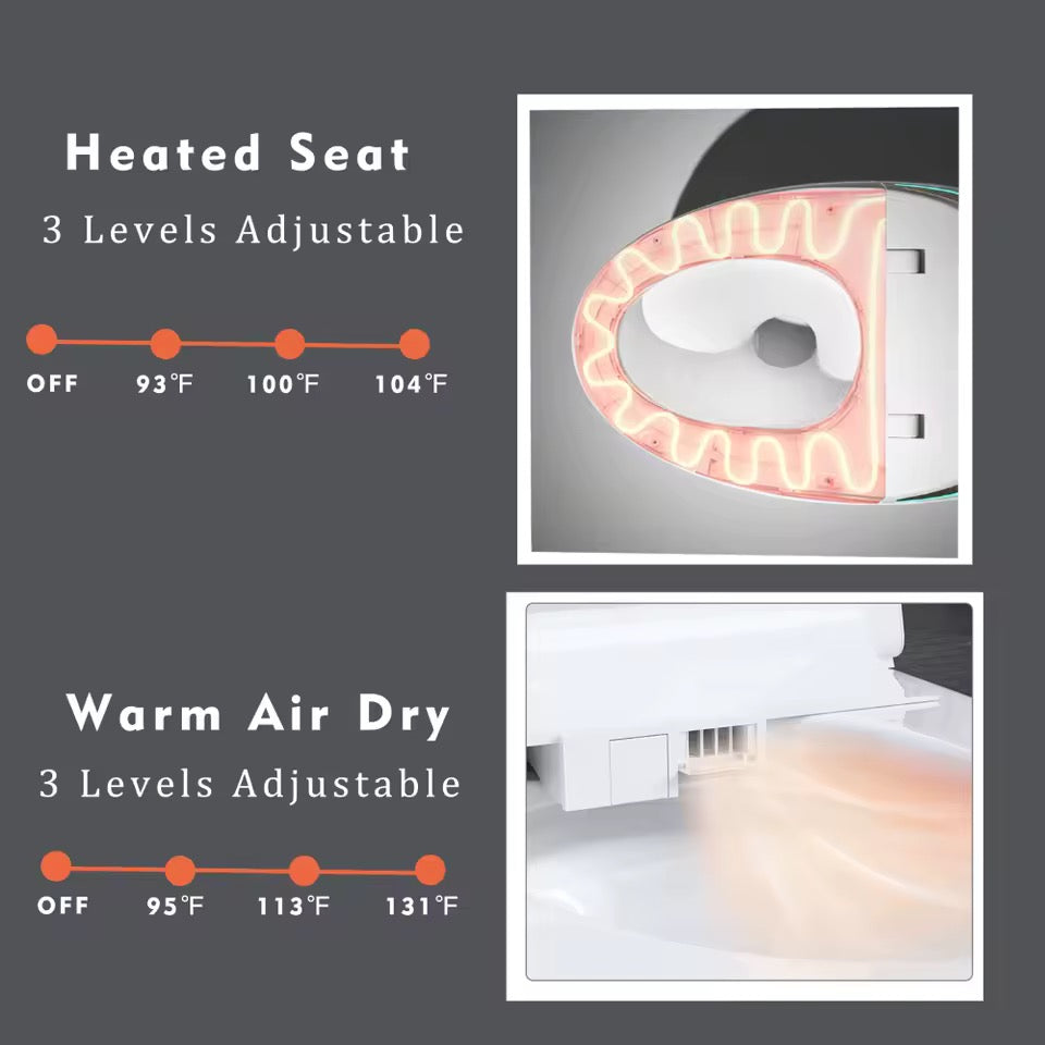 Smart Bidet Toilet, Auto Open/Close, Foot Sensor Flush, Heated Seat, Warm Air Dryer, LED Display
