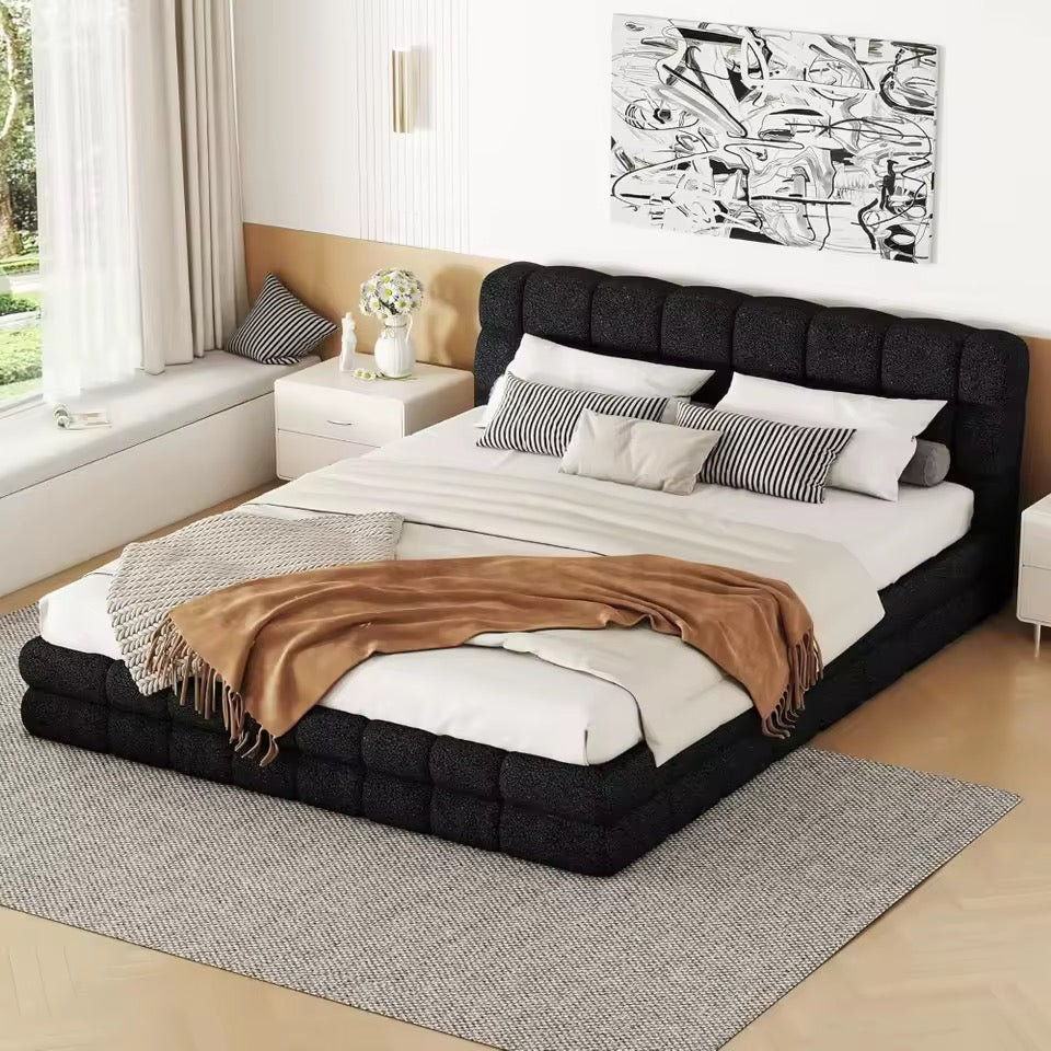 Queen Upholstered Thick Teddy Fabric Grounded Platform Bed