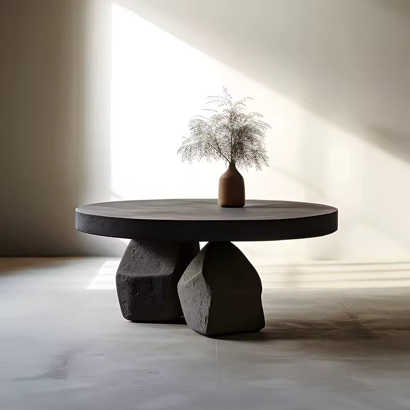 Mid-Century Black-Tinted Sculptural Coffee Table, Wood Round Top