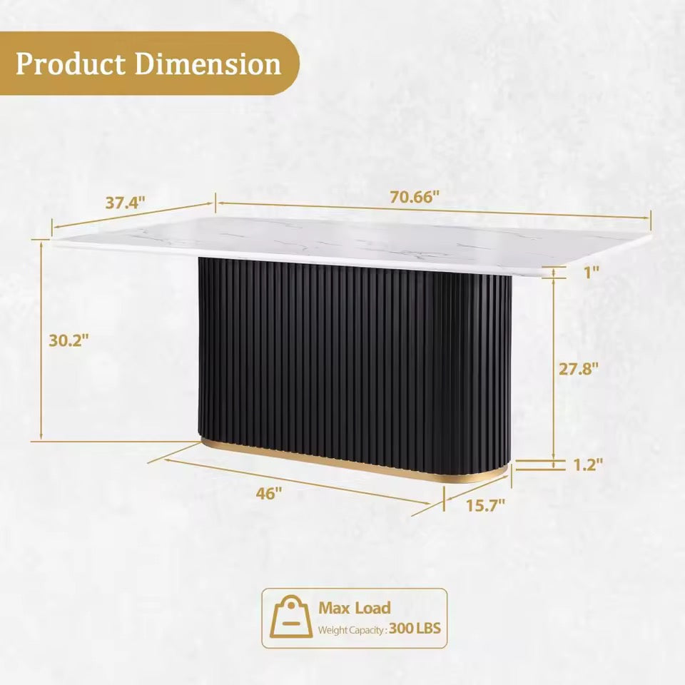 70” White Faux Marble Dining Table with Black Fluted Base, Seats 6–8