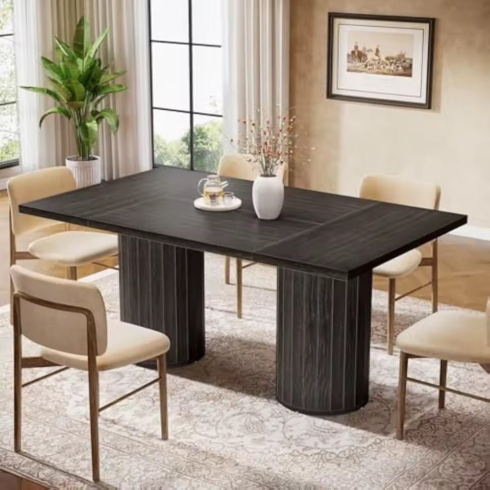 63” Modern Rectangular Dining Table with Cylindrical Base, Seats 6