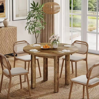 39” Round Farmhouse Dining Table, Rustic Brown Wooden Table for 4