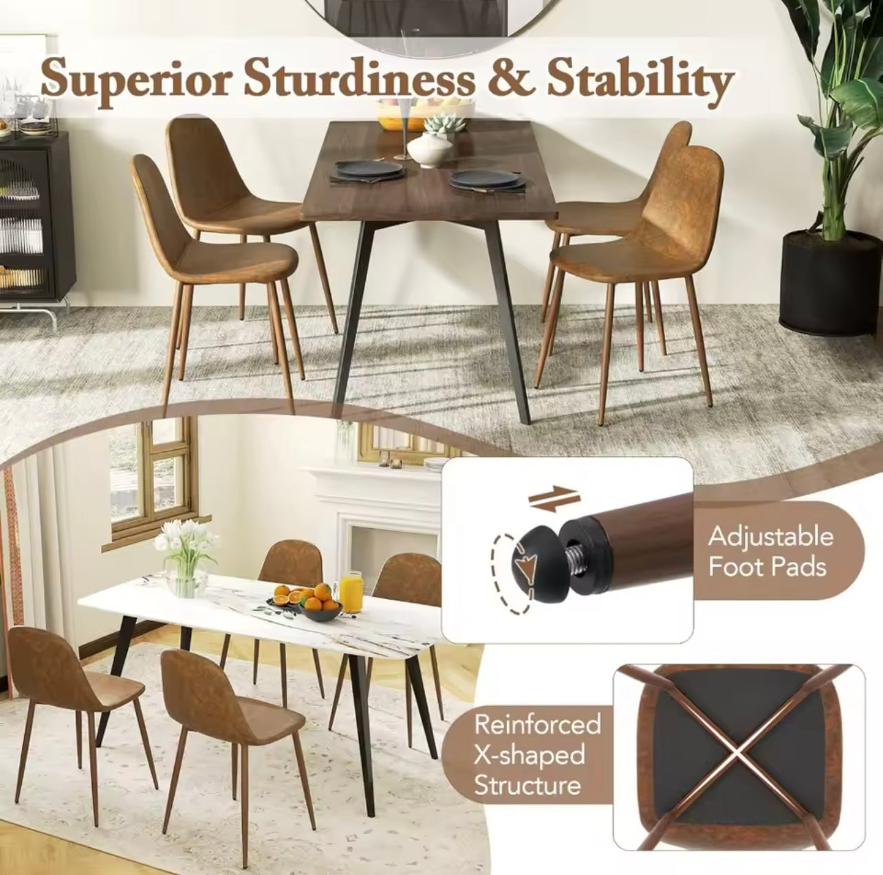 Set of 4 Mid Century Ergonomic PU Leather Upholstered Dining Chairs