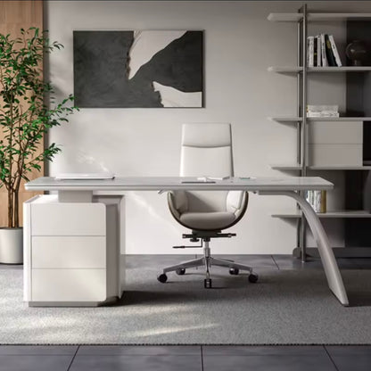Contemporary Rock Slab Office Desk with USB and Storage, White