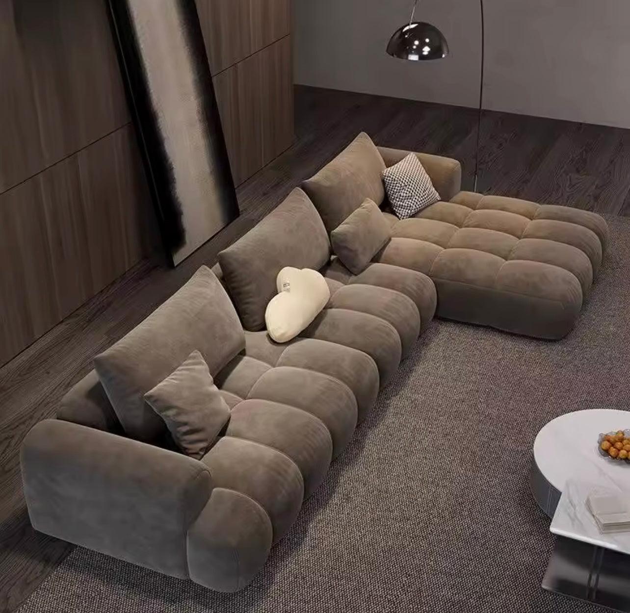 Brown Cloud Upholstered L-Shaped Sofa, Matte Suede Fabric