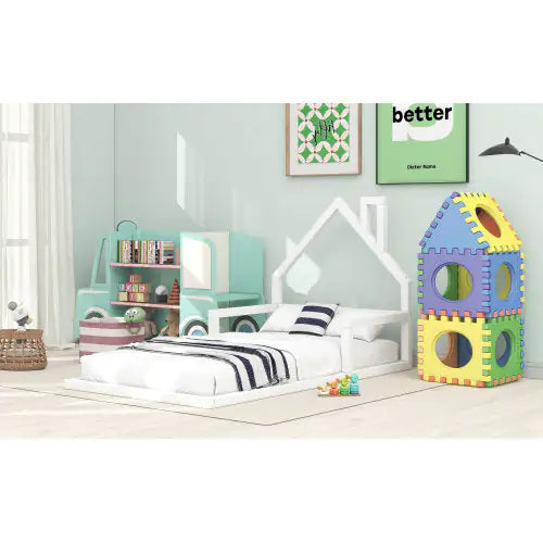 Twin Floor Bed with Wooden House Headboard