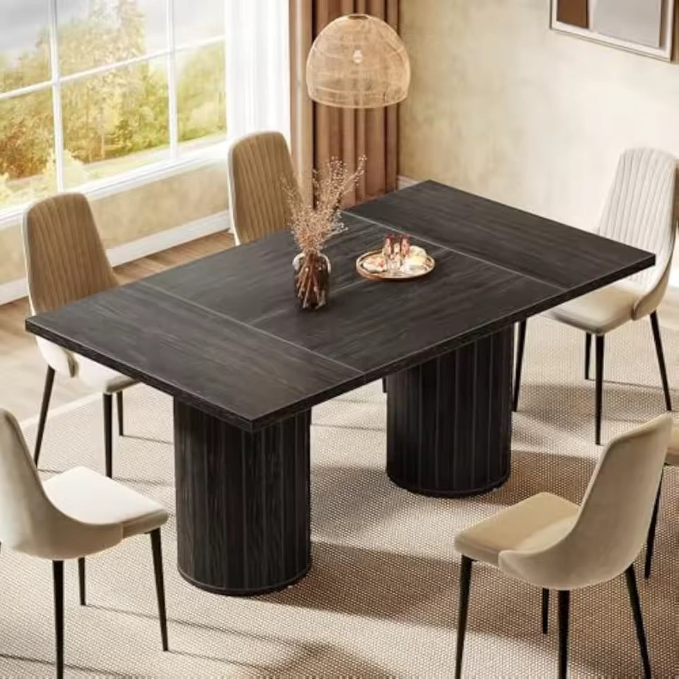 63” Modern Rectangular Dining Table with Cylindrical Base, Seats 6