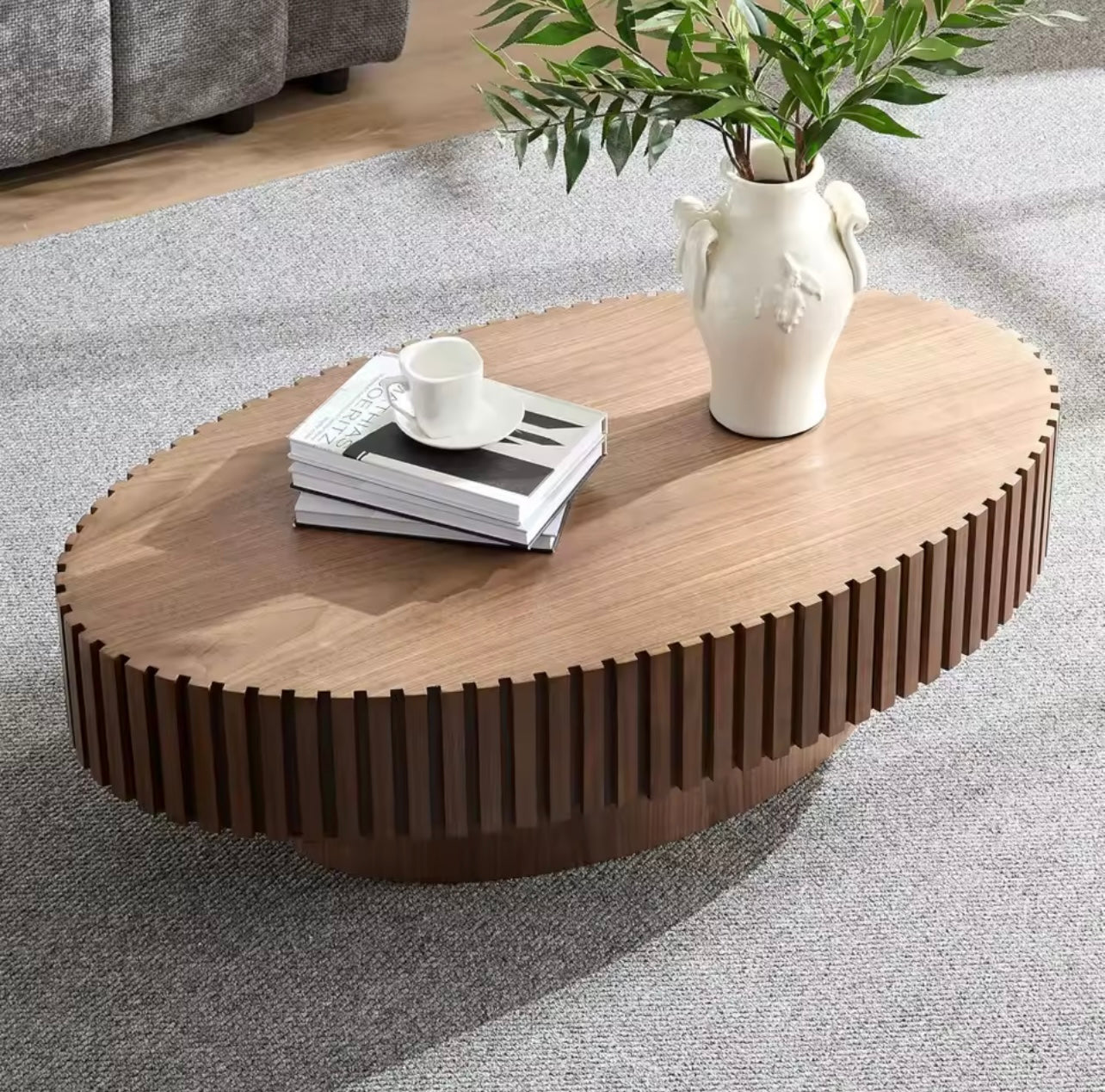 43.3” Walnut Round Coffee Table, Modern Rustic Wooden Drum Table