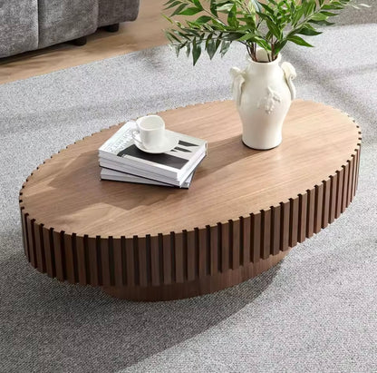43.3” Walnut Round Coffee Table, Modern Rustic Wooden Drum Table